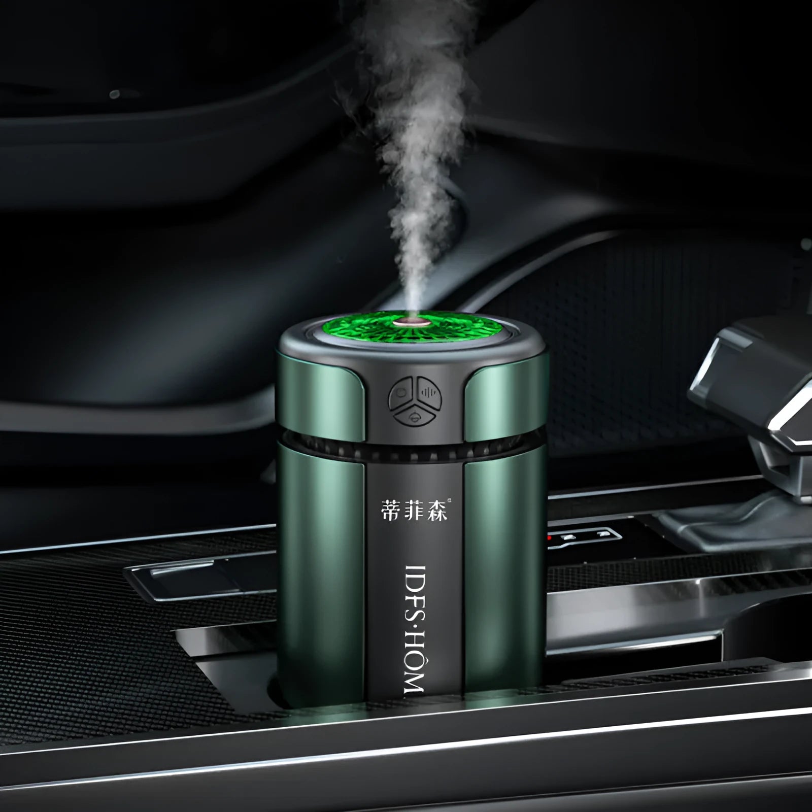 Three-speed adjustable smart rhythm car aroma diffuser in dark green, ABS aluminium alloy, with two essential oil bottles
