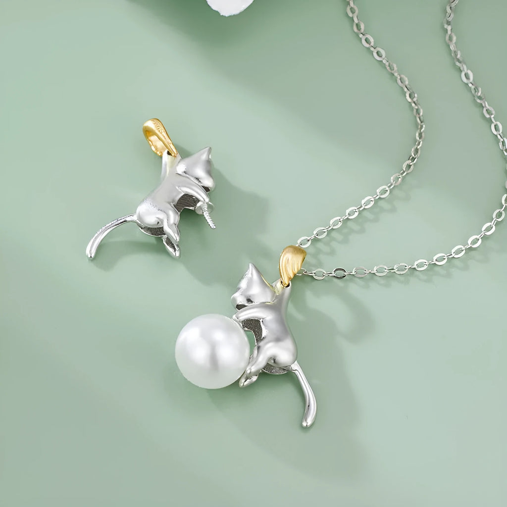 925 sterling silver clavicle necklace with a cat charm pendant on a model.
