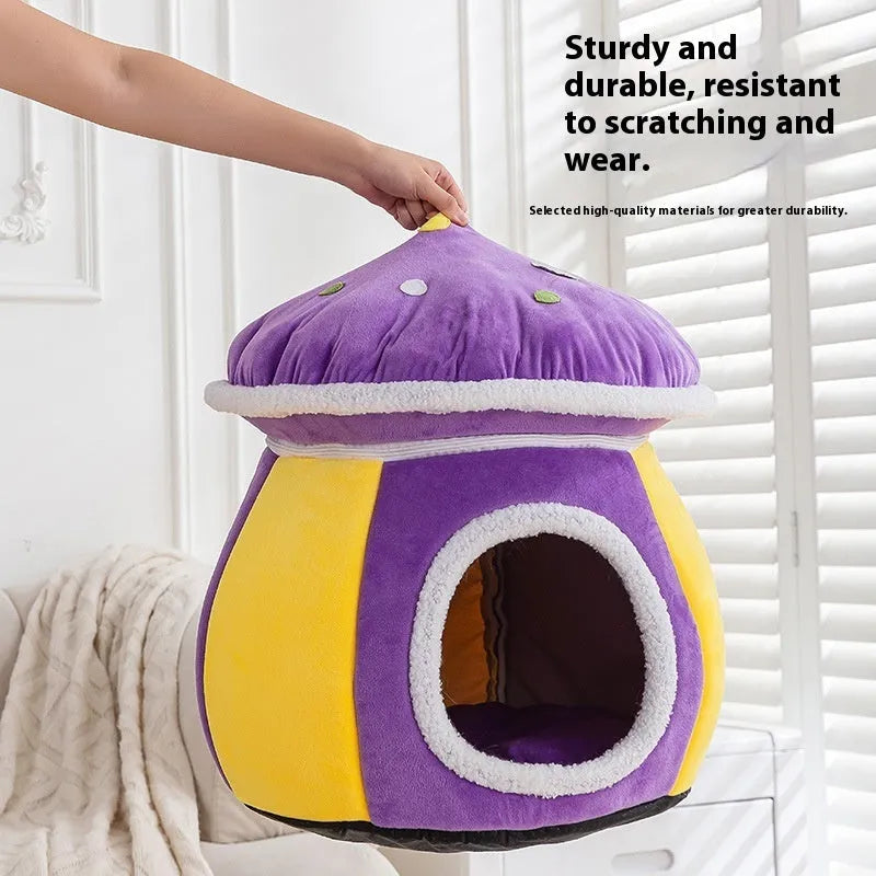 Grey mushroom-shaped plush cat bed with high walls and a soft interior, shown with a detachable matching blanket.