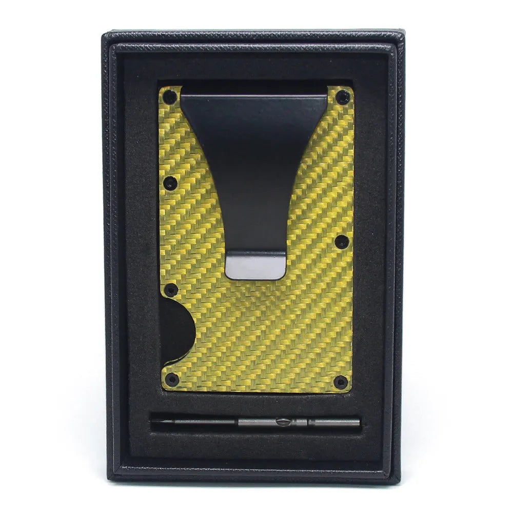Geometric aluminium and carbon fibre card holder in multiple colours on a table, showing slim 8mm profile.