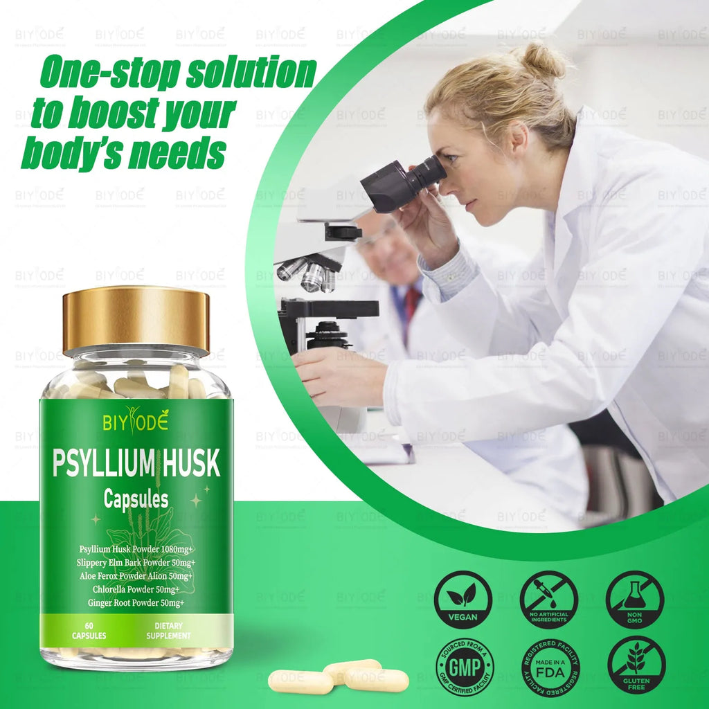 Bottle of psyllium husk powder capsules 60ct natural fibre supplement for digestion