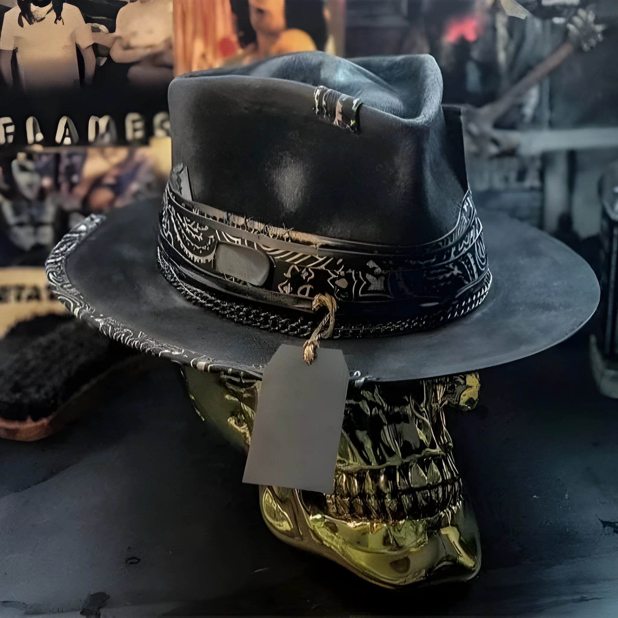 Handmade denim-blue wool felt skull hat with embroidered white skull on front and structured conical crown.