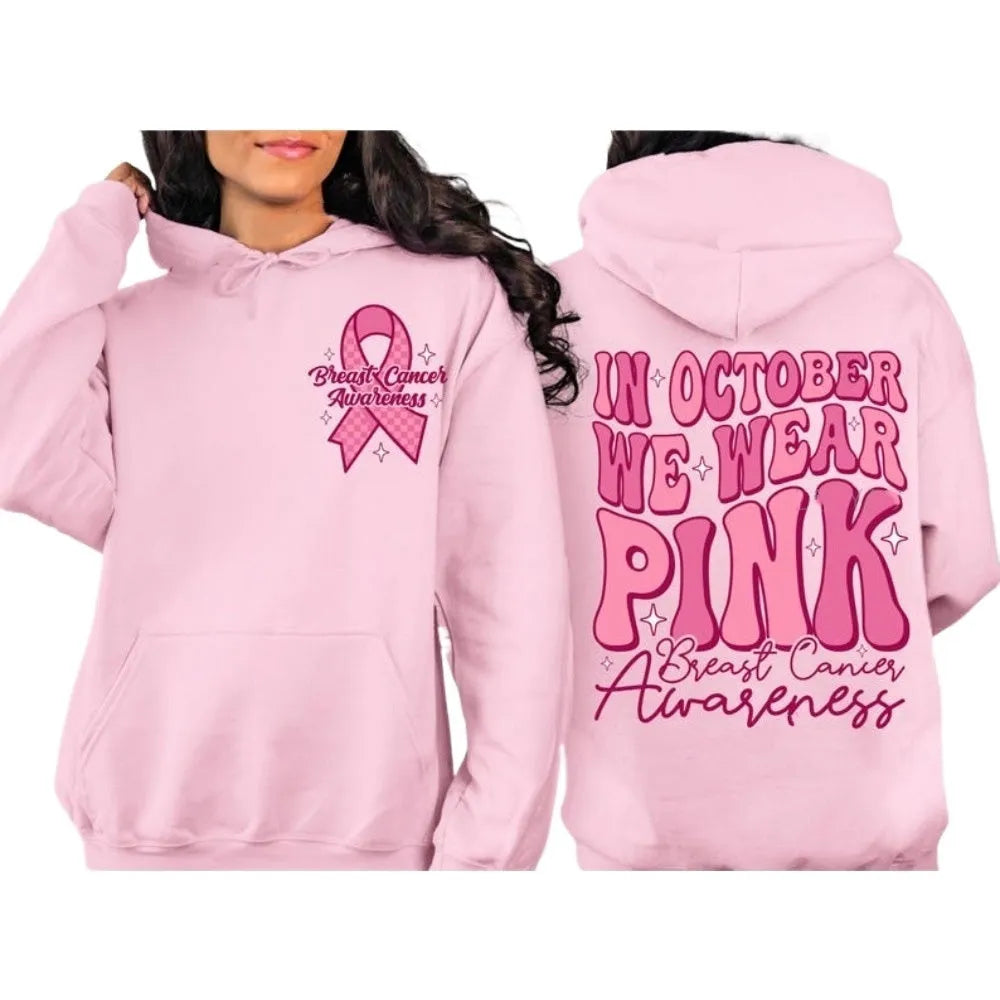 Pink Breast Cancer Awareness pullover hoodie with side seam pockets and hot stamping decorative elements