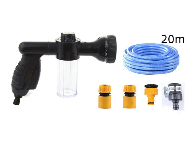Green high-pressure foam spray gun with adjustable nozzle and attached water hose for car and garden cleaning.