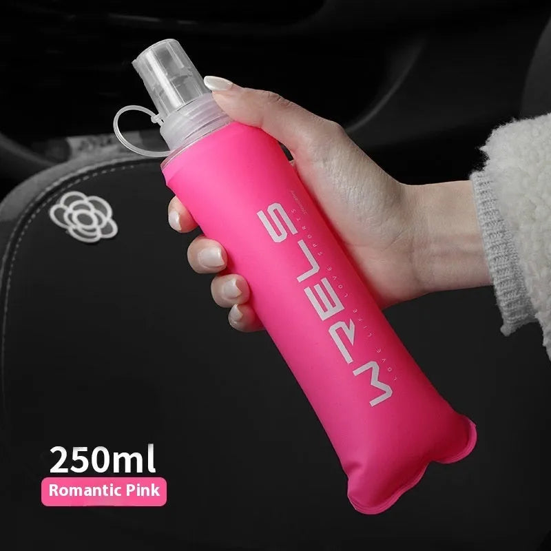 Large capacity soft plastic folding sports water bottle 250ml in black with white lid