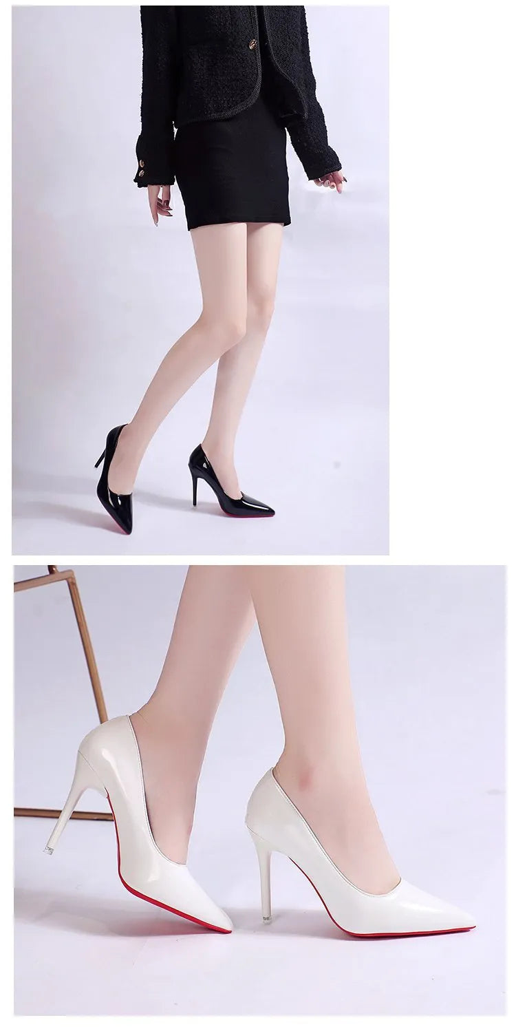 Women's pointed toe stiletto pump in a solid colour, showing the shallow mouth and high heel.