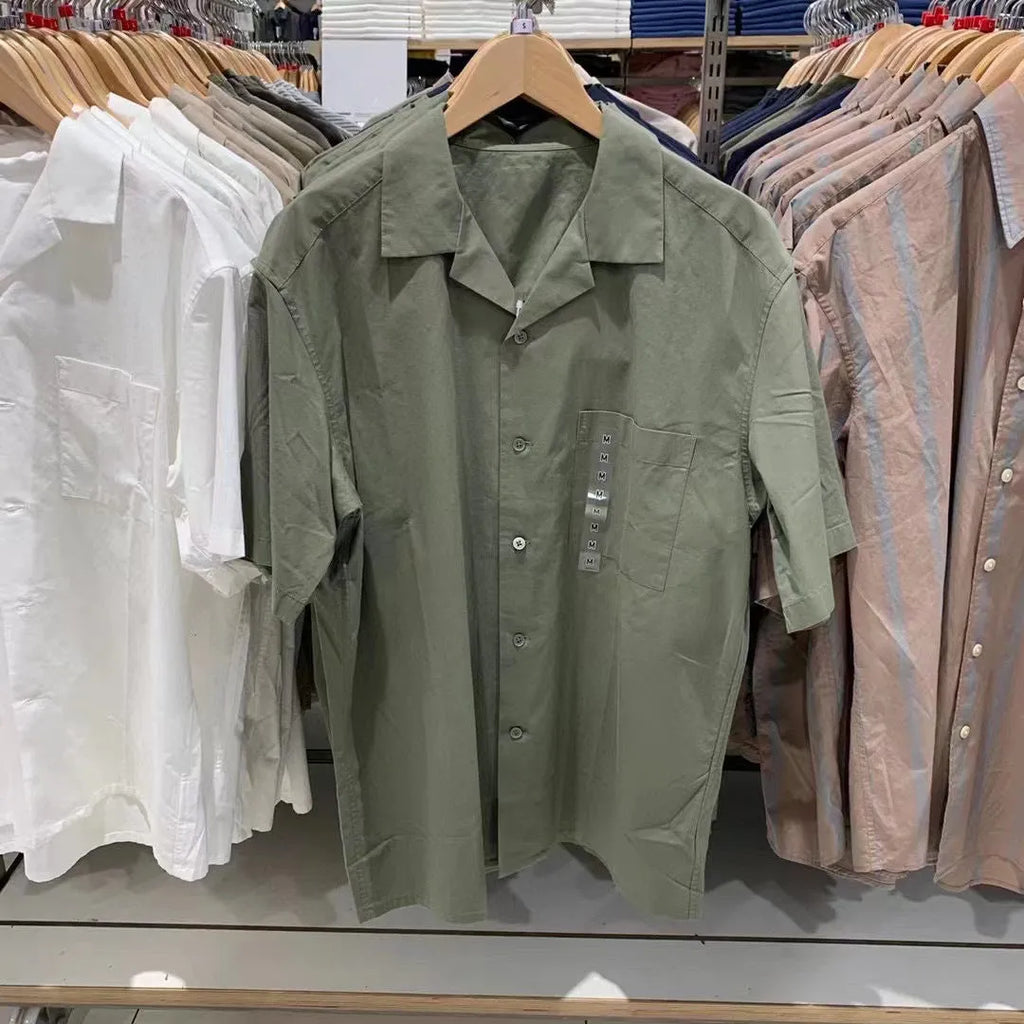 Men's modal cotton open collar shirt in Japanese Korean casual style with collage stitching