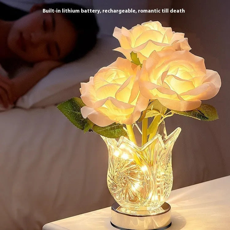 White crystal flowers design USB rechargeable touch dimming table lamp on wooden surface