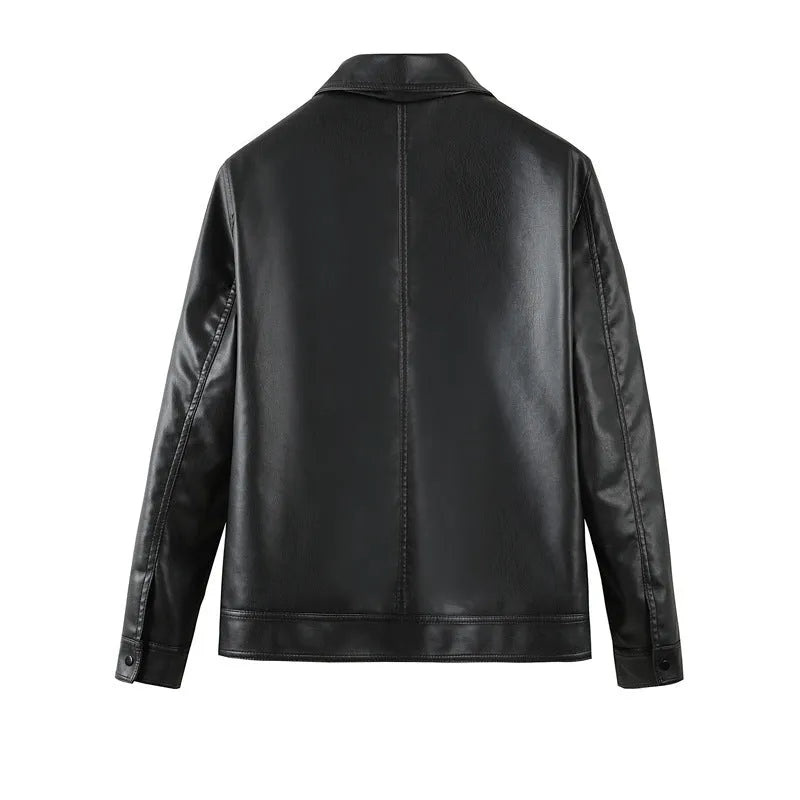 Men's black loose-fit PU leather casual jacket with zipper pockets.
