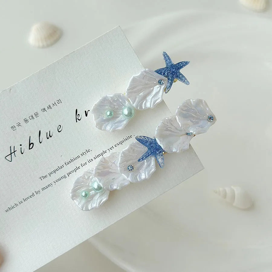 Mixed material starfish shell side bang clip barrettes for women in natural style with three colour options
