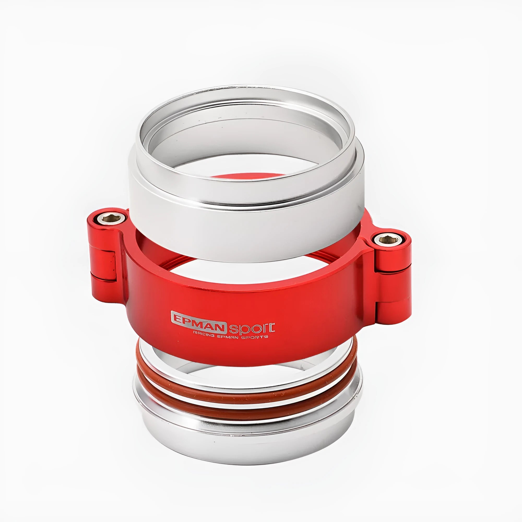 Aluminium alloy turbocharger exhaust downspout clamp in black, shown next to a 3-inch size marker.