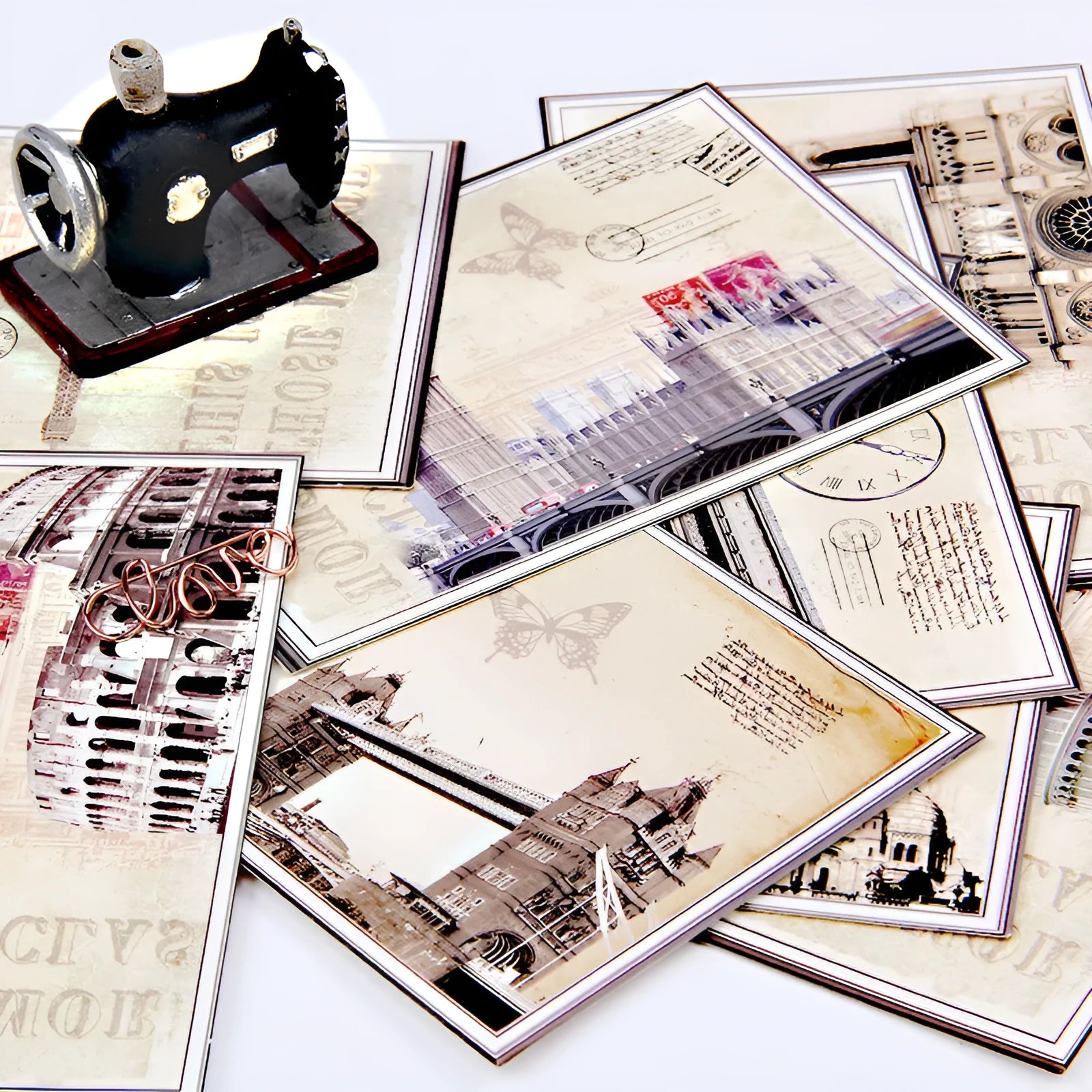 Nine Japanese-style minimalist postcards with cartoon illustrations of retro Paris towers and historic sites