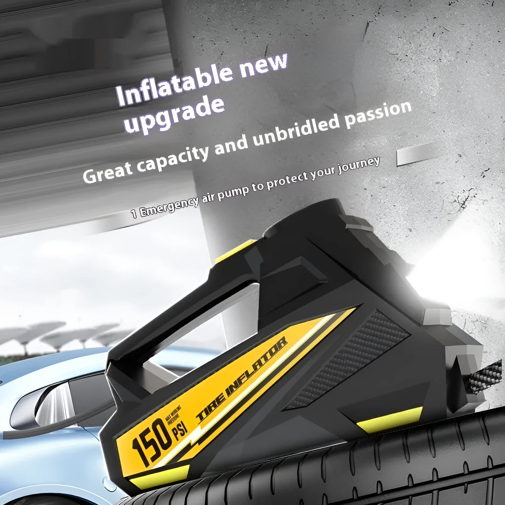 Black portable car tyre inflator with digital display and air hose, shown next to a car tyre valve.