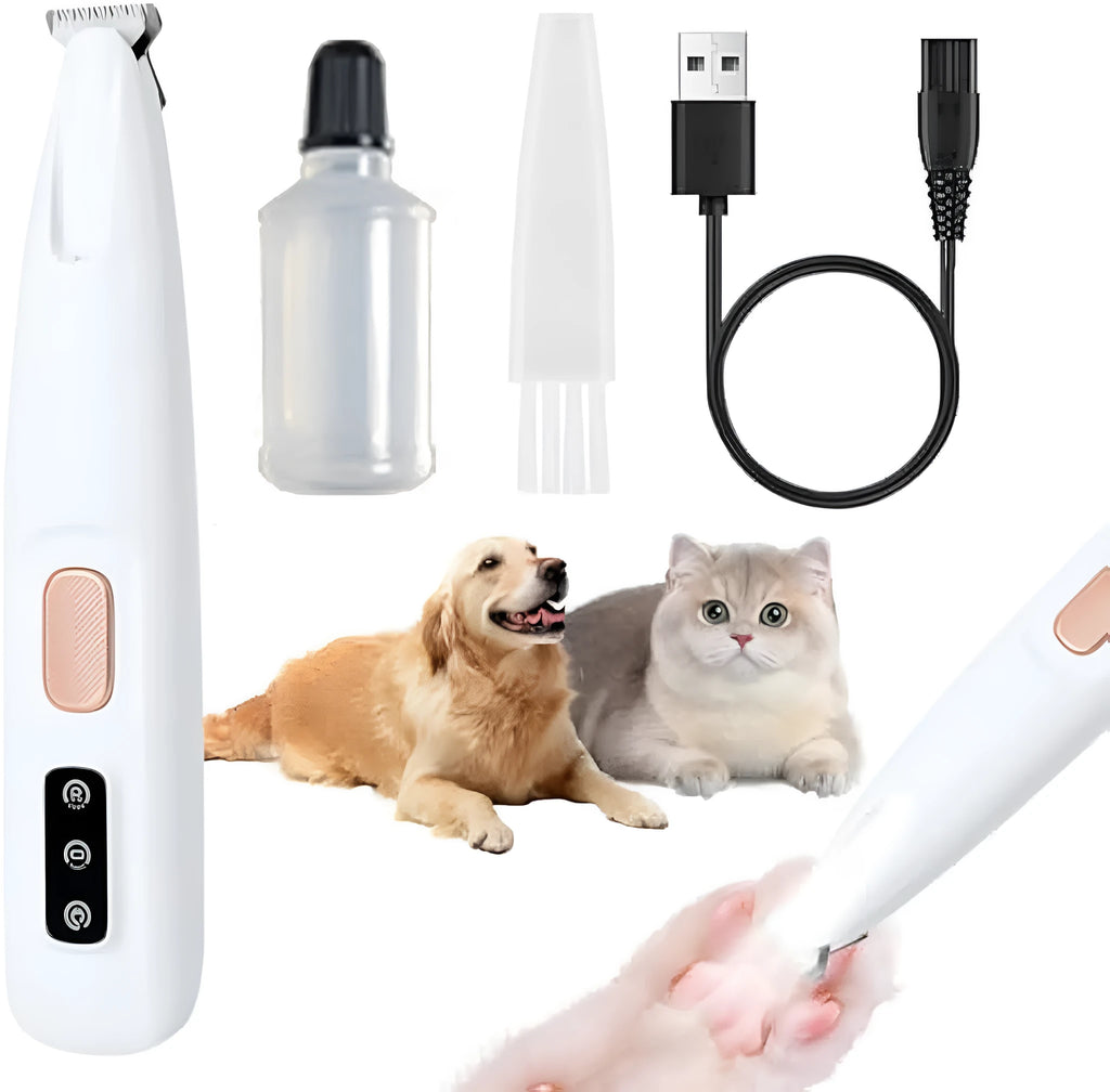 White rechargeable electric dog paw trimmer with LED light showing 17.7cm length