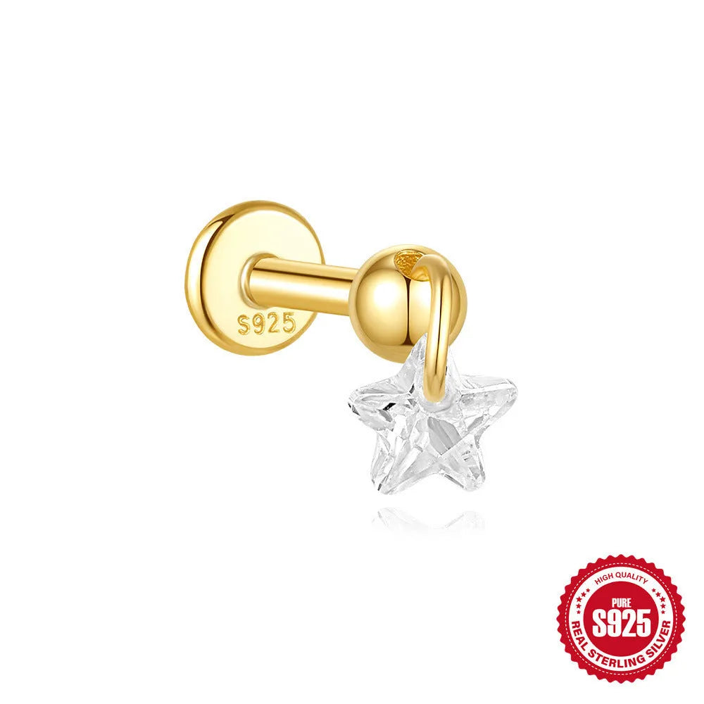 S925 sterling silver geometric moon and star earrings with diamond detail on a gold tone background.