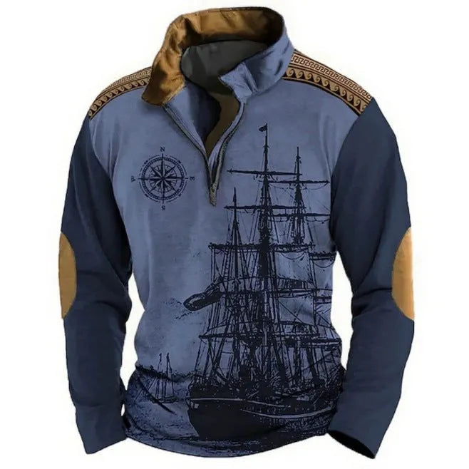 Men's loose fit long sleeve t-shirt with retro colour printing and zipper decorations on textured fabric.