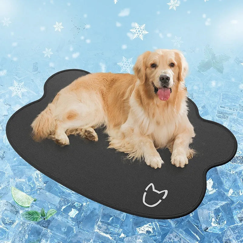 Ice silk cooling mat for dogs in a dog head pattern, showing non-slip base and scratch-resistant surface.