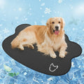 Ice silk cooling mat for dogs in a dog head pattern, showing non-slip base and scratch-resistant surface.