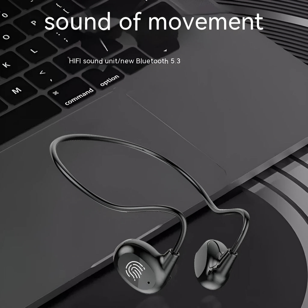 Ear hook OWS Bluetooth headset in black with compact ABS body and over-ear design