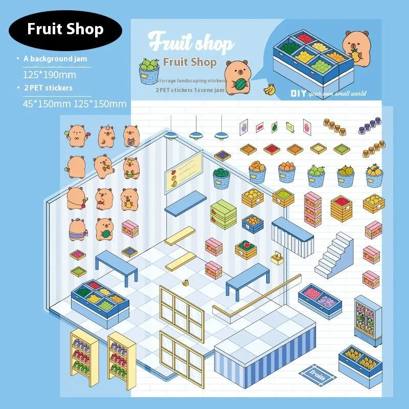 Set of eight colourful Capabala 3D business-themed cartoon stickers including bakery and bookstore designs.