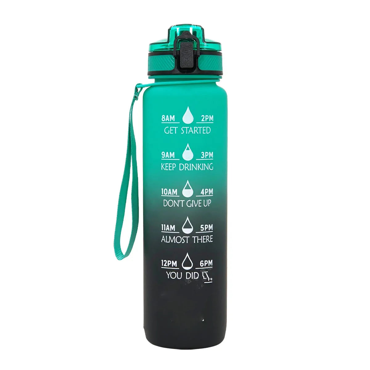 1000ml food-grade plastic sports water bottle, 29.5cm tall, in gradient blue-green colour.