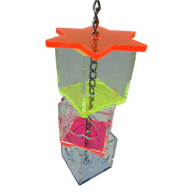 Clear acrylic parrot foraging toy with treats visible inside, 32 cm long bird enrichment device