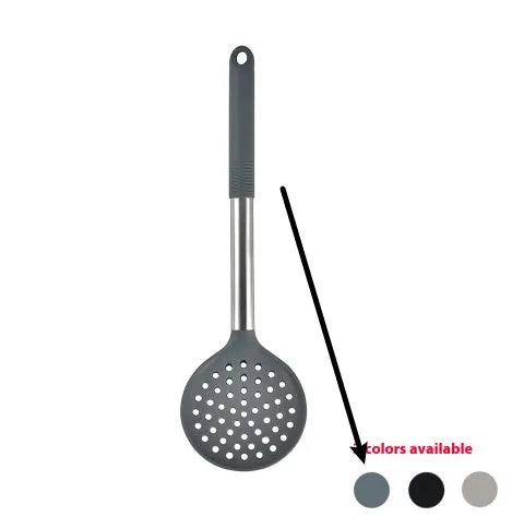 Black silicone kitchen utensil set with 12 tools stored in a rotating plastic storage bucket on a worktop.