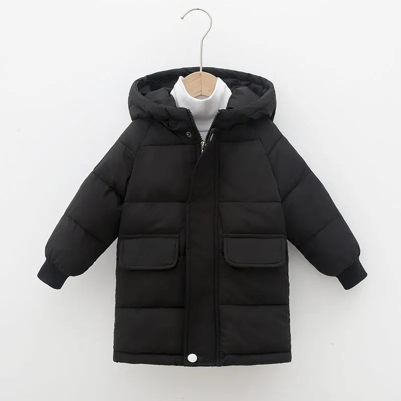 Children's mid-length hooded thickened jacket in polyester fibre with zipper, available in multiple colours