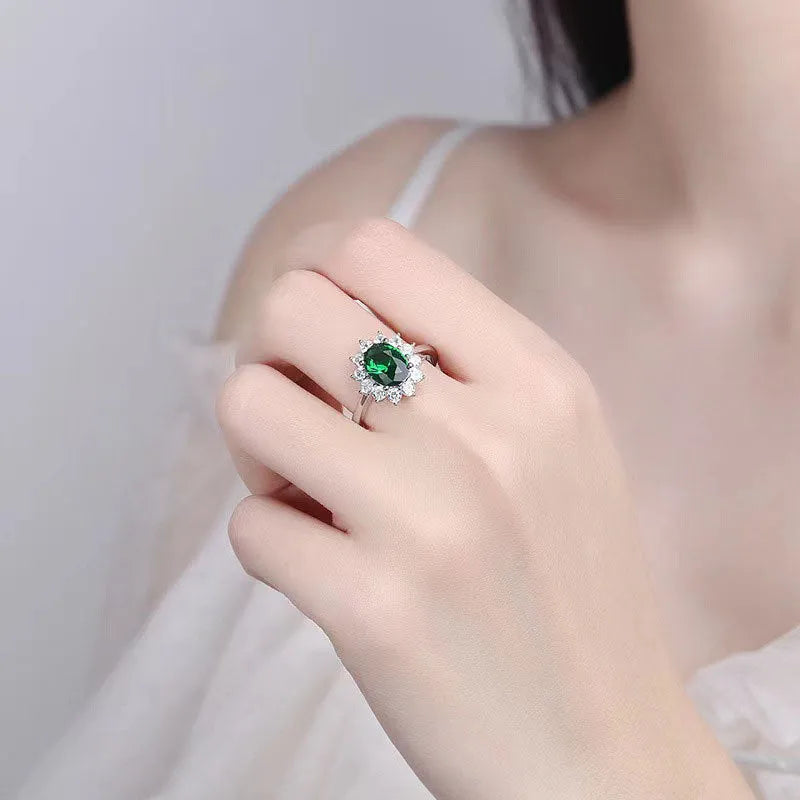 Women's copper ring with flower-shaped zirconium stones in sapphire blue electroplated finish