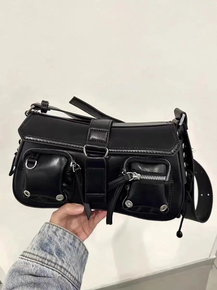 Black PU leather women's baguette messenger bag with adjustable strap