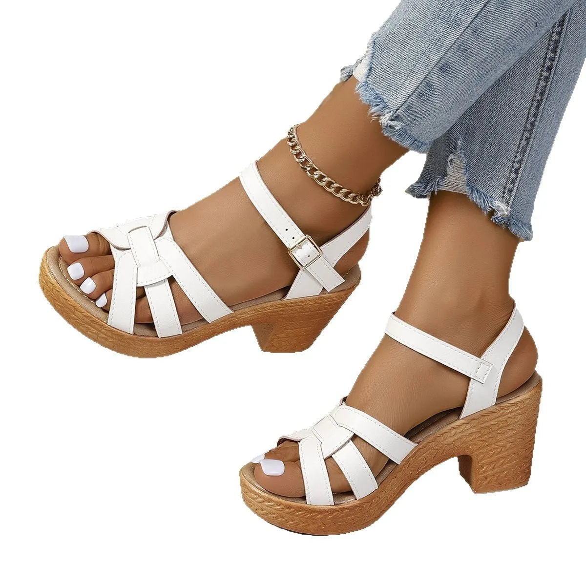 Plus size black peep toe high heel sandals with a chunky heel and ankle strap buckle on a white background.