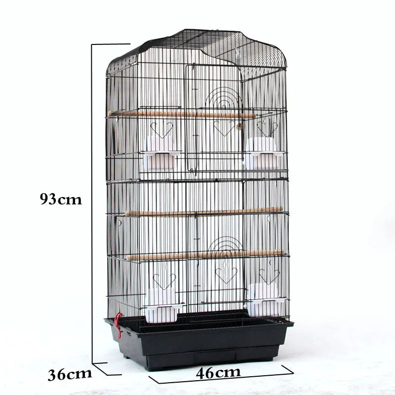 Portable black wire bird cage for small to medium parrots, 45.5x35x93.5cm, with wooden poles and plastic food cups