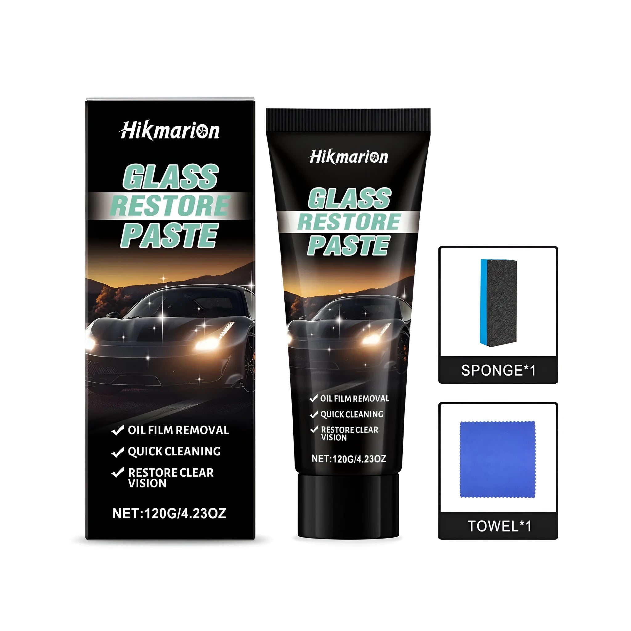 Glass Restore cleaning paste for windshields with sponge and towel in 120g tub