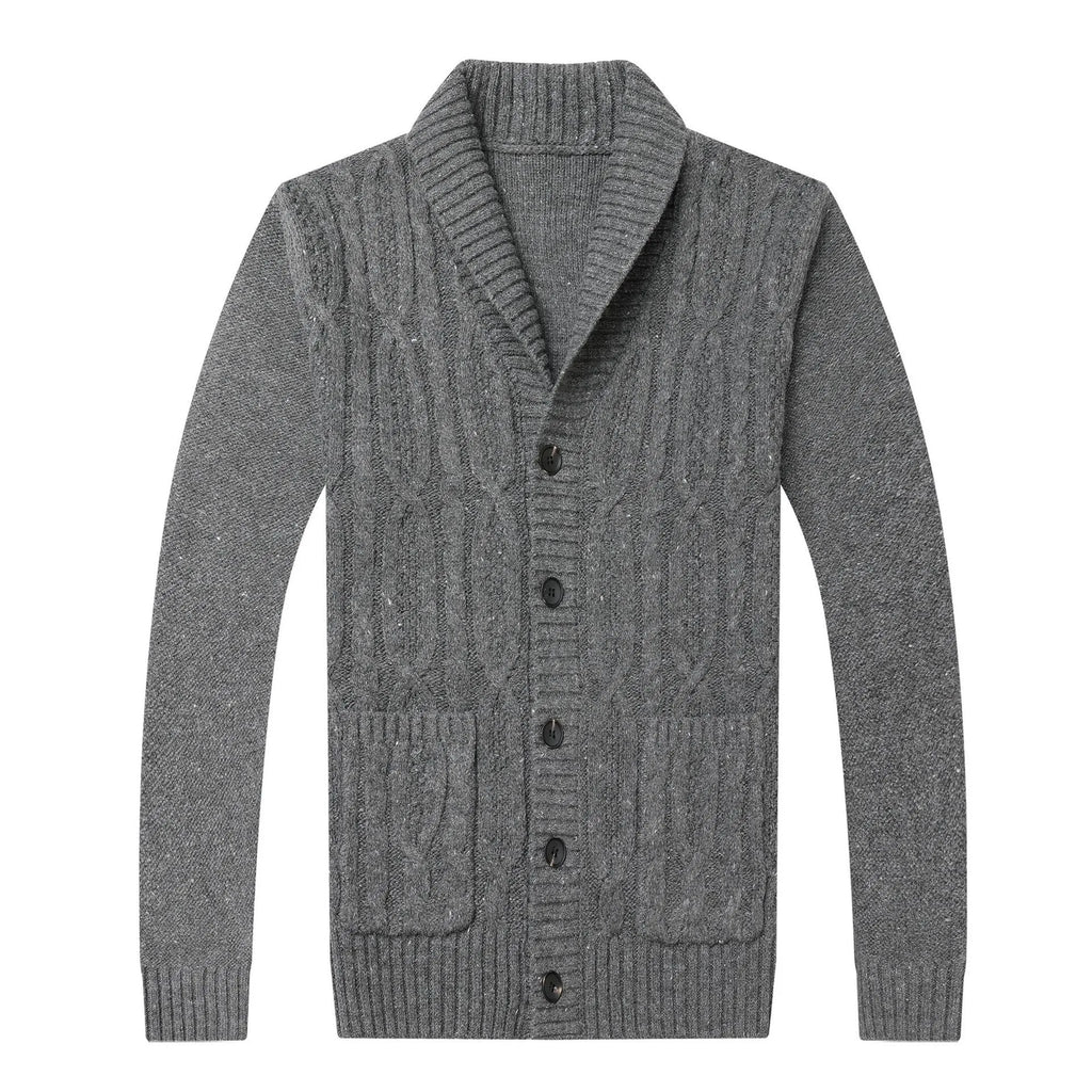 Man wearing a black Korean style jacquard patterned knitted cardigan jacket.