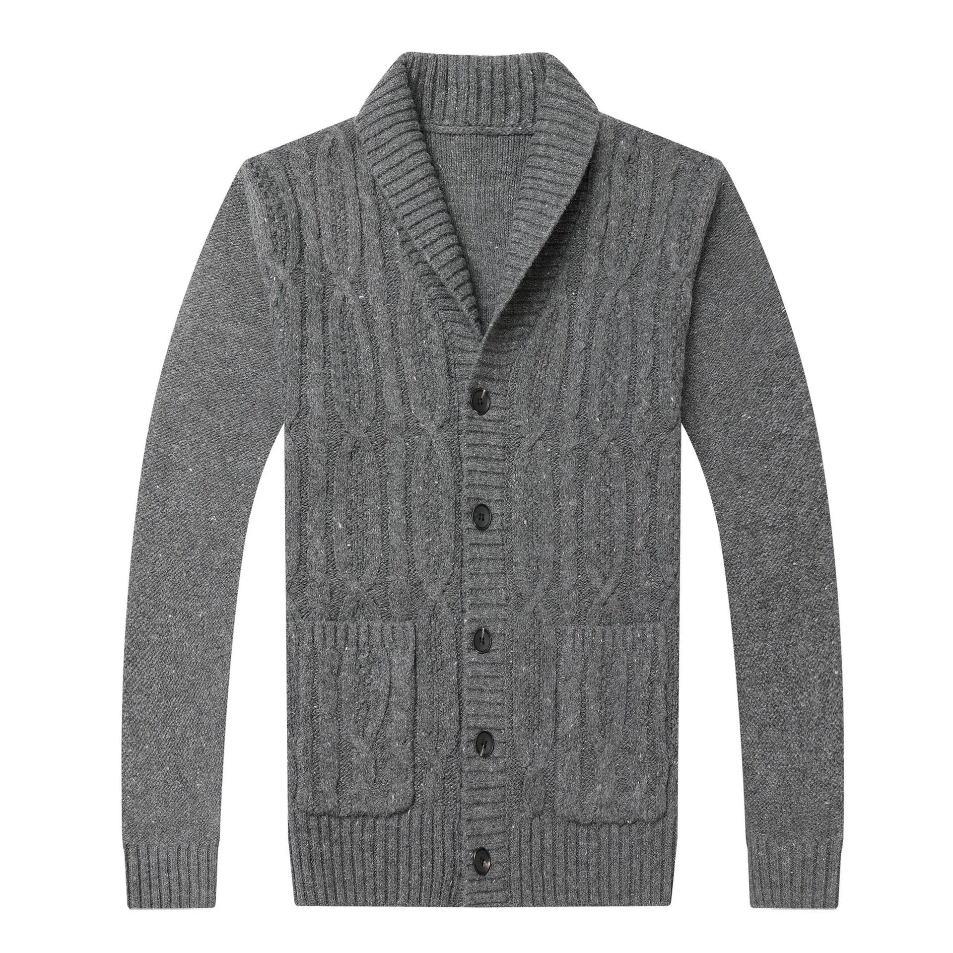 Man wearing a black Korean style jacquard patterned knitted cardigan jacket.