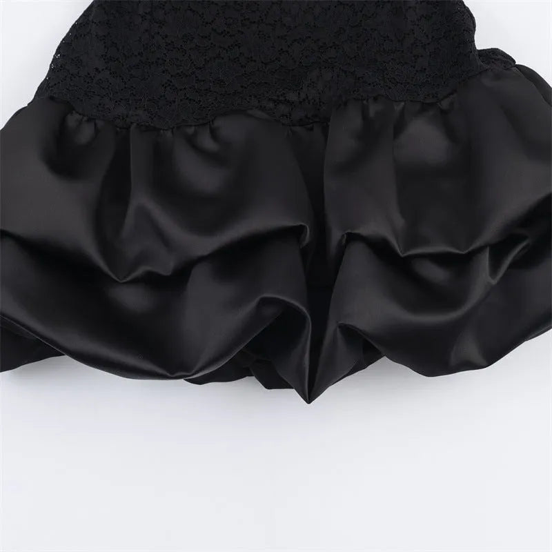 Women's black short dress with stripe and plaid pattern, lace stitching, asymmetric skirt, mid waist, cotton.
