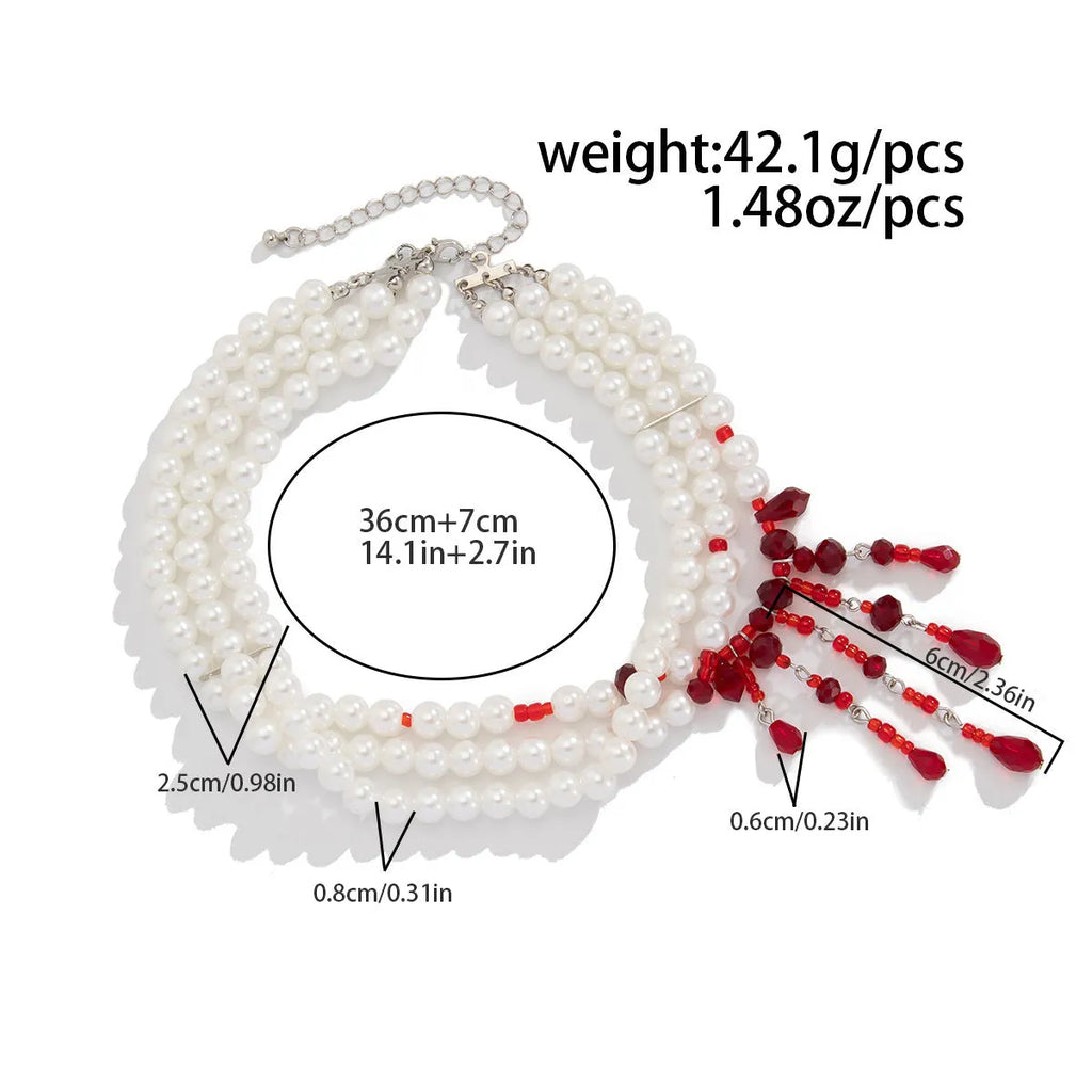 Halloween blood drop tassel necklace with geometric crystal pendant and pearl decoration on adjustable chain