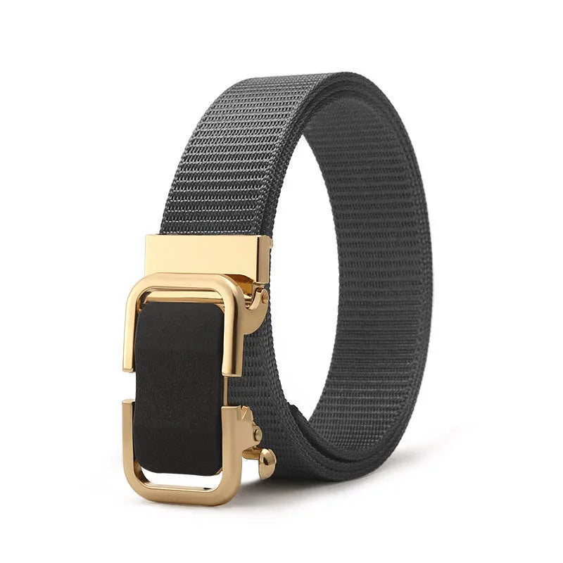 Men's toothless nylon canvas belt with alloy buckle showing adjustment mechanism