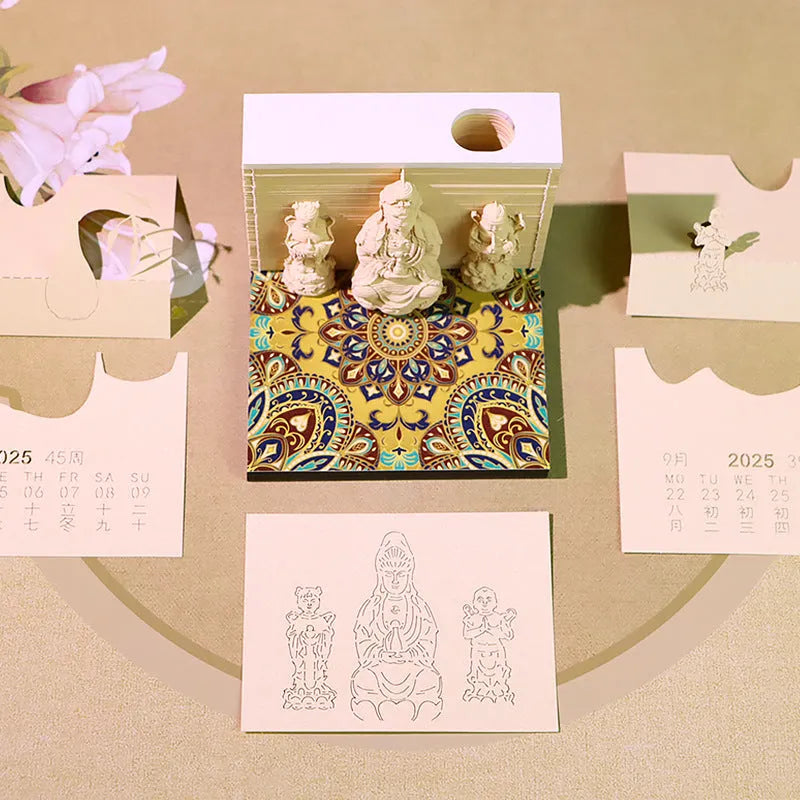 Seated Lotus Guanyin 3D paper carving calendar with Wealth Boy, 2026 English calendar, light version retro style