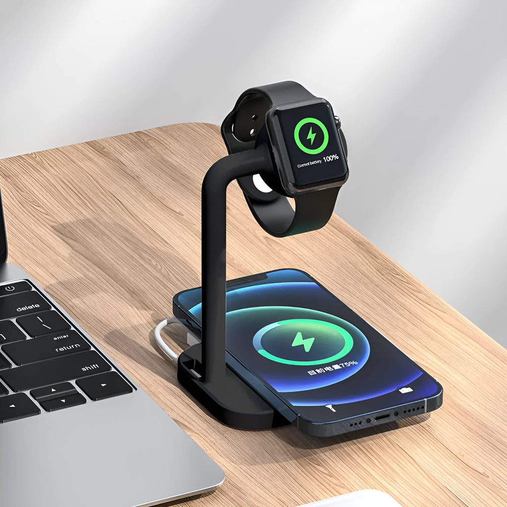 Multi function desktop stand wireless charger in black with indicator light, holding a mobile phone upright