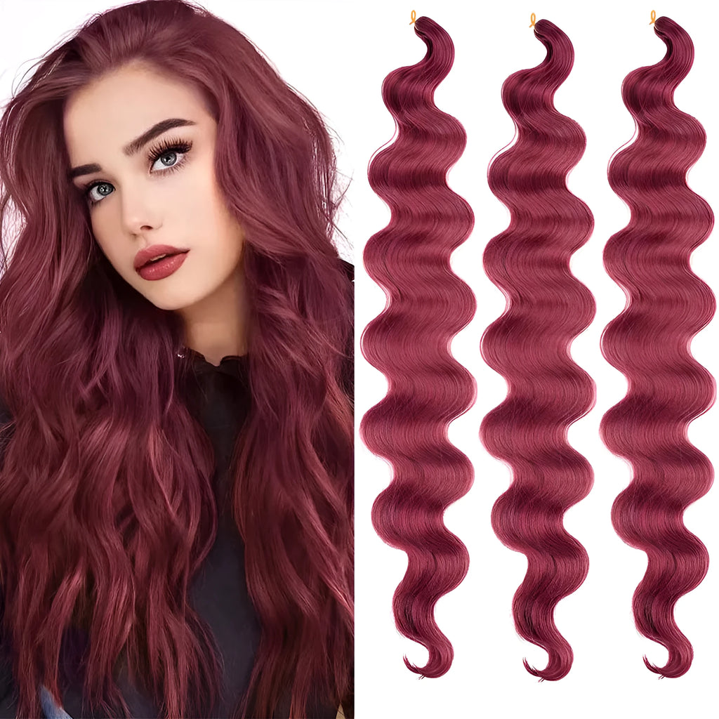 Wine red big wave synthetic crochet hair extension, 24 inches long on a mannequin head.