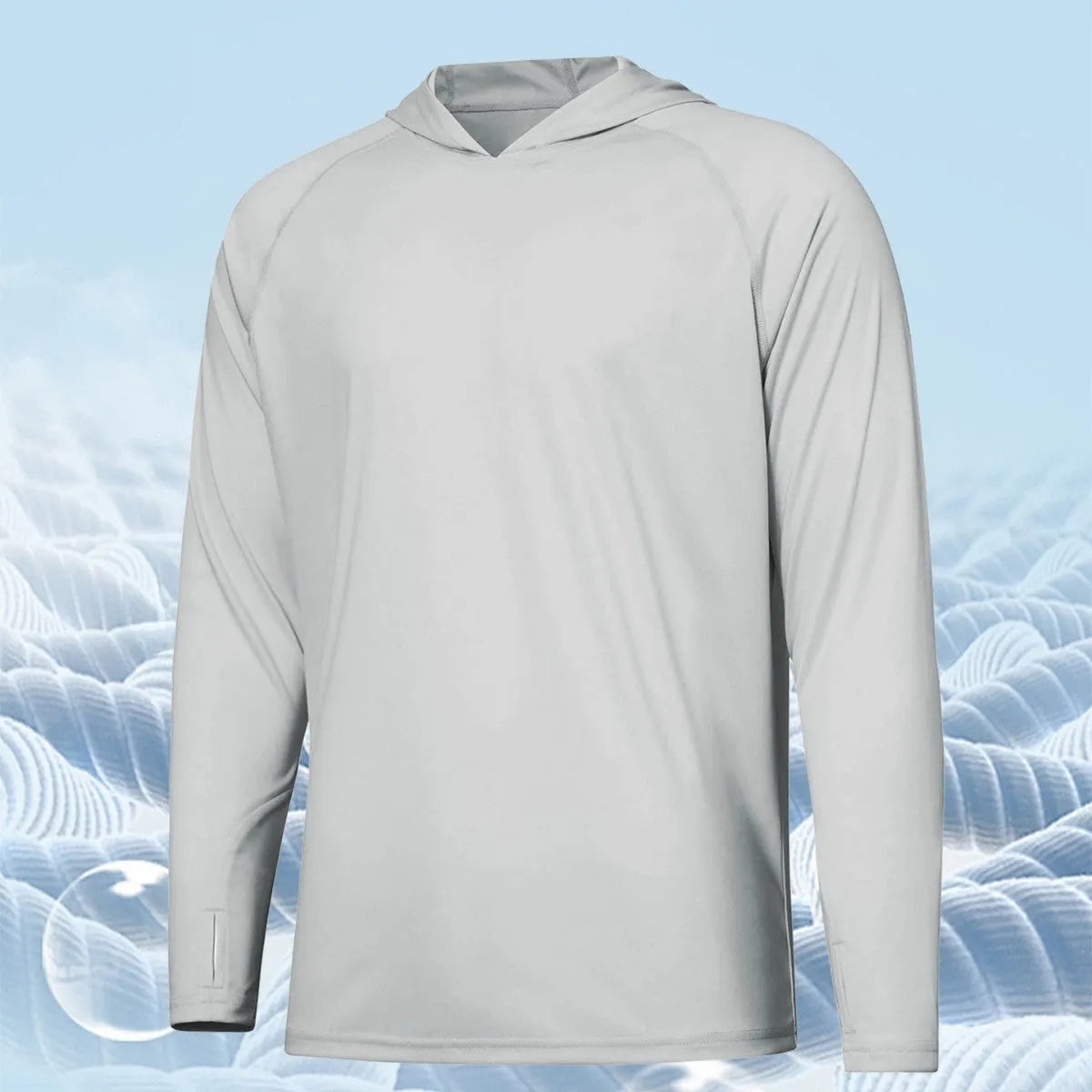Long sleeve hooded fishing top in solid colour for outdoor UV protection.