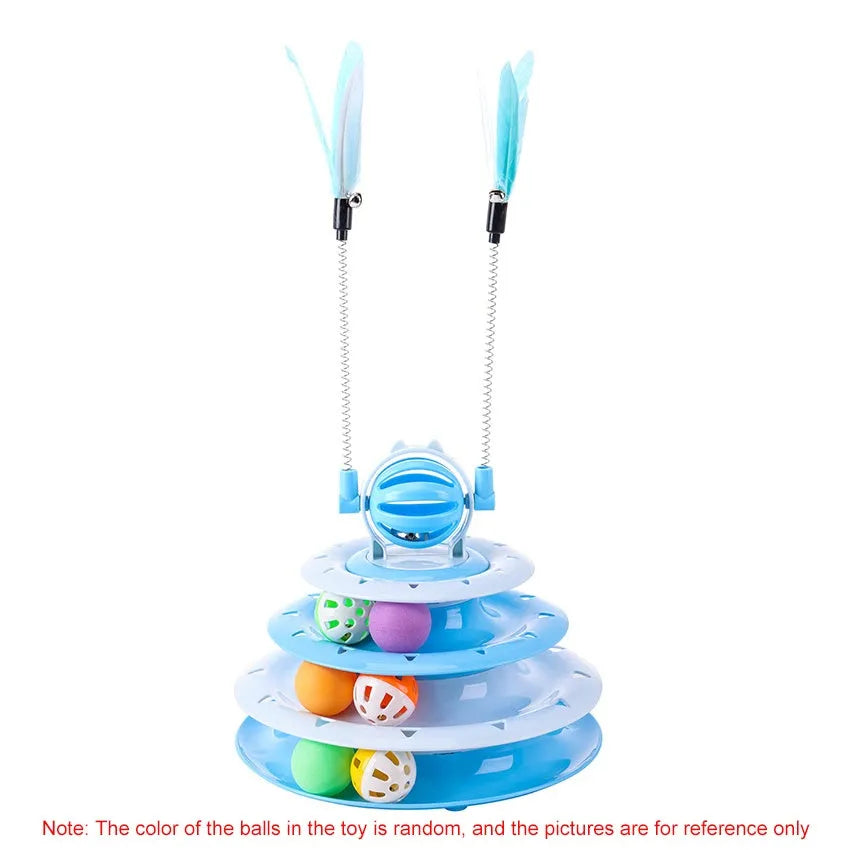 Blue four-tier rotating cat carousel toy with six coloured balls, a top bell, and two teasing rods on a non-slip base.