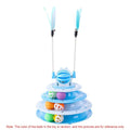Blue four-tier rotating cat carousel toy with six coloured balls, a top bell, and two teasing rods on a non-slip base.