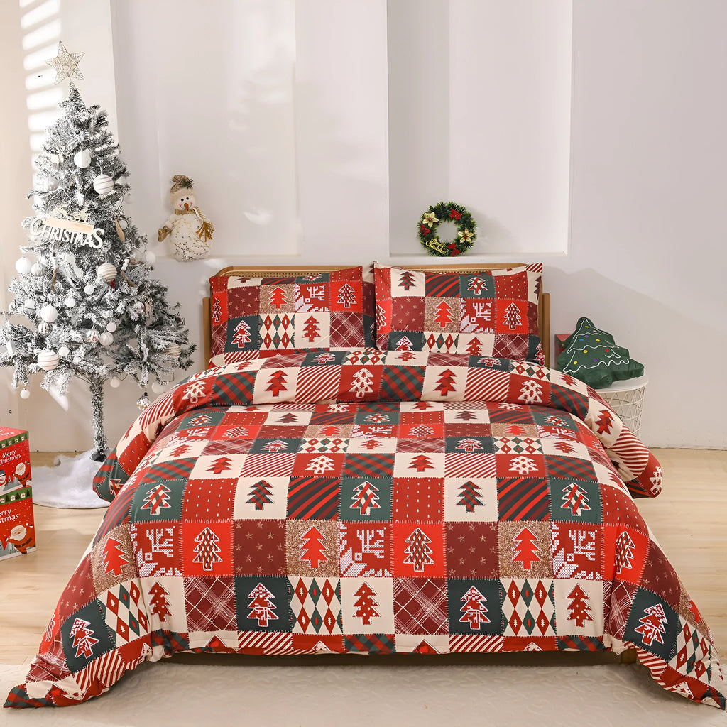 Christmas red plaid pattern three-piece bedding set on bed with European bed cover-style design