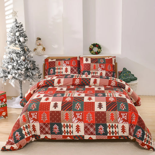 Christmas red plaid pattern bedding three-piece set with quilt cover and matching pillowcases