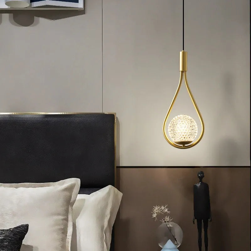 Modern minimalist copper bedside chandelier lamp with choice of light cover colours for bedroom.