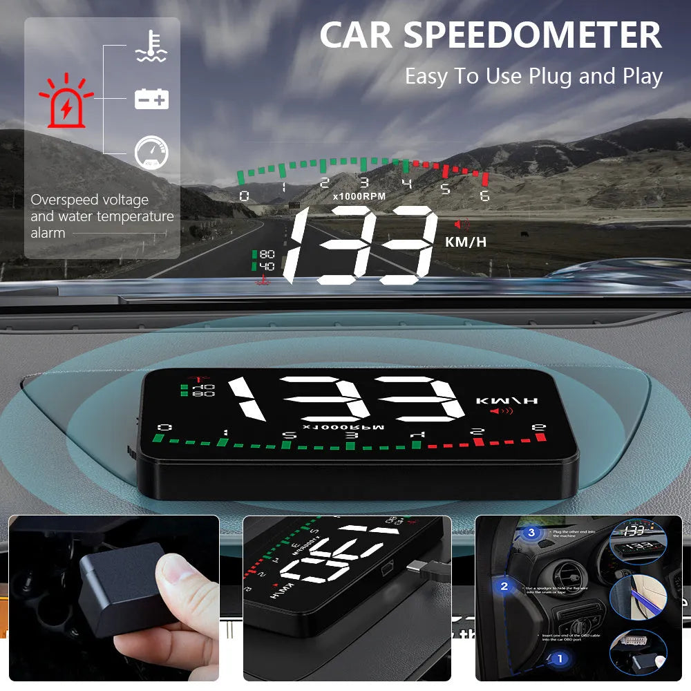 Automotive HD speed projector display with 3.5 inch LED screen, OBD interface, and compact dark housing