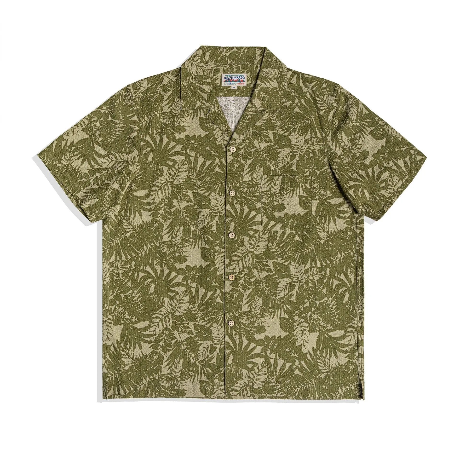 Vintage floral print seersucker shirt with a Cuban collar on a mannequin, shown in blue and green.