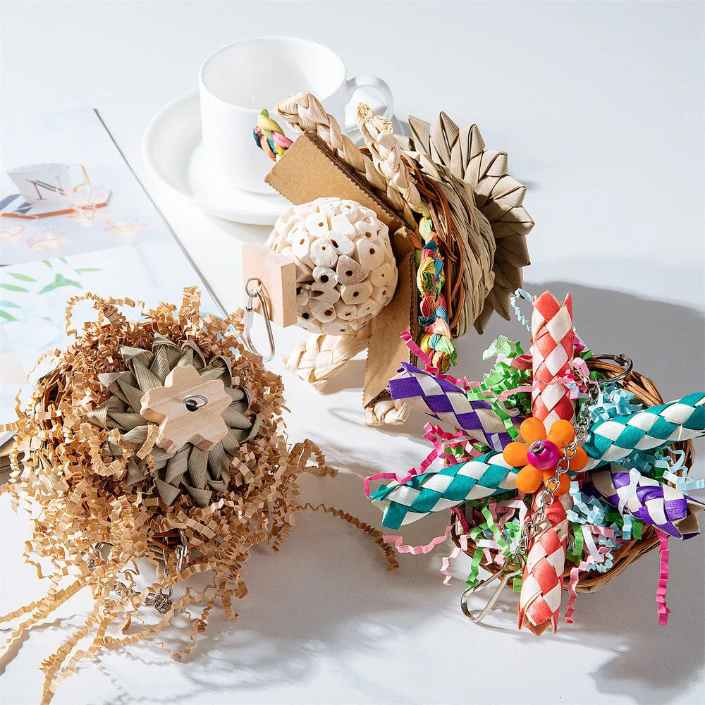 Parrot gnawing molar toy with three types of wooden blocks for chewing enrichment and beak maintenance